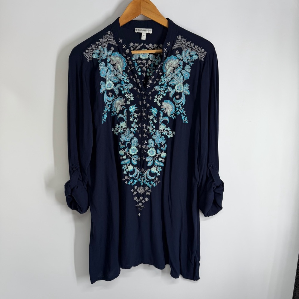 Neiman Marcus Navy Blue Turquoise Embroidered Blouse